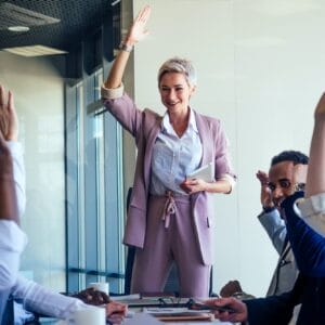 Business lady cheerful smile teacher or mentor, coach speaking in front of group